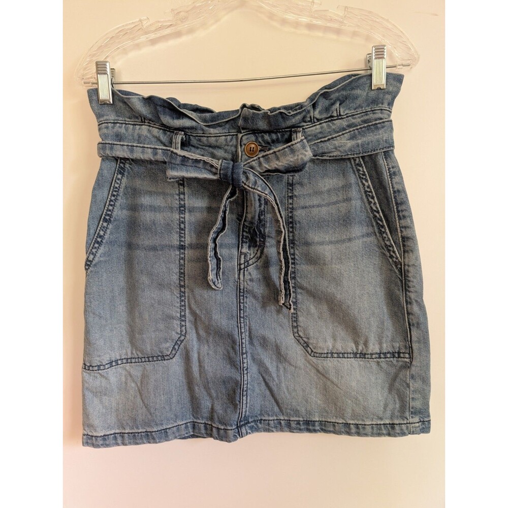 Free People Splendor In The Grass Paperbag Mini Skirt 8 Denim Jean Tie Western